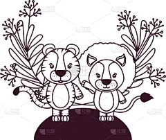 可爱的,动物,枝,叶子,野生动物,狮子,农场,面部表情,布置,剪影