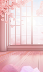 a pink colored wooden floor, in the style of romantic illustrations, windows vista, soft, romantic scenes, cherry blossoms, 32k uhd, romantic charm, unique framing and composition