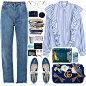 A fashion look from June 2017 featuring blue top, high waisted jeans and t-strap flats. Browse and shop related looks.