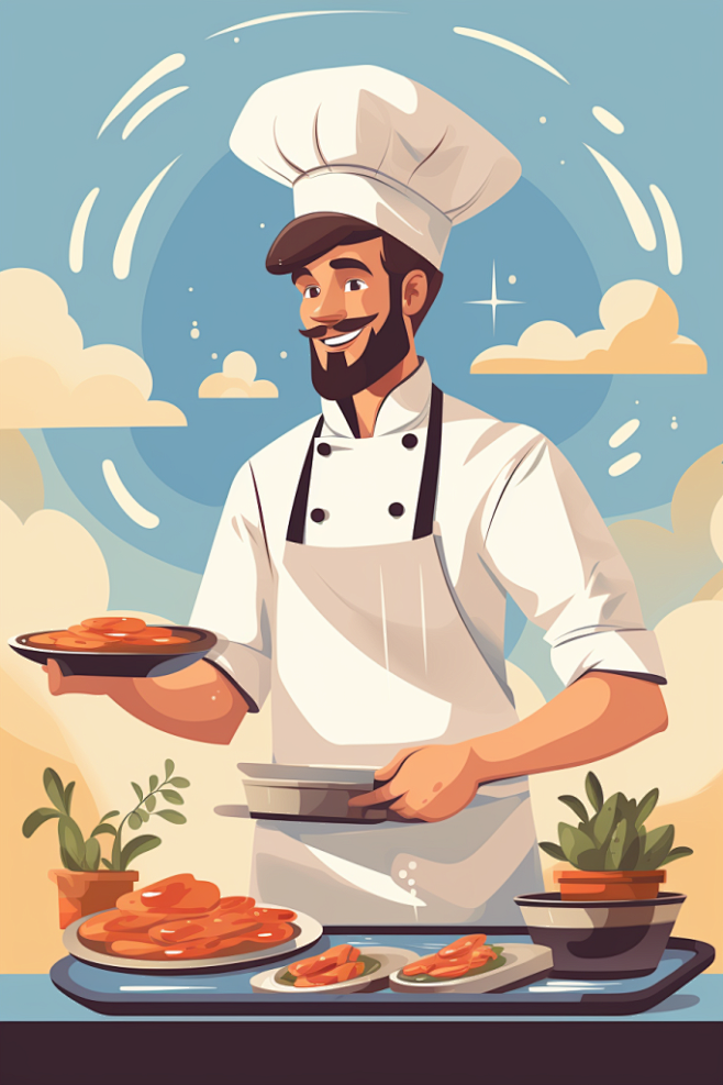 创意扁平化厨师在厨房做饭职业人物插画