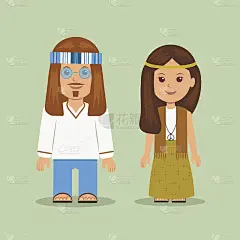 嬉皮士。穿着六十年代服装的男人和女人
