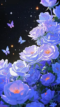 治愈系插画壁纸，手绘风格，一片梦幻的蔷薇花，纯黑背景，微光，梦幻氛围，简单干净，低饱和度