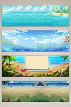 手绘卡通场景海水天空海报banner背景