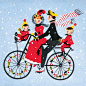 Vintage Christmas card - family on bicycle 