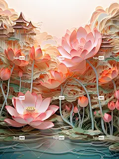 莲花工艺纸插图玉，风景，乌云，中国风，水彩画海报