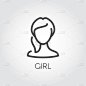 抽象的女孩线性图标肖像。美容, 女性头像或网络用户的概念。人像剪影。大纲样式中的简单标签。矢量插图