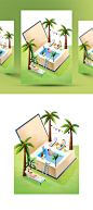 创意卡通手绘书本2.5D沙滩海洋沐浴玩耍场景插图背景PSD设计素材