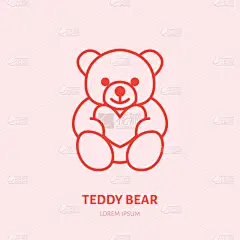泰迪熊图解。刷平线条图标,玩具店标志.情人节礼物签名.