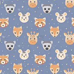 无缝图案与可爱的动物面孔。灰蓝色背景上狐猴、长颈鹿、狐狸、老鼠的嘴巴。为纺织品和海报设计，儿童服装的