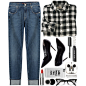 A fashion look from October 2015 featuring flannel shirts, slim fit jeans and white ring. Browse and shop related looks.