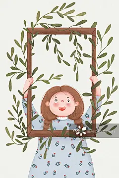 小女孩拿着植物相框图片素材