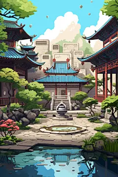 像素风四合院建筑插画