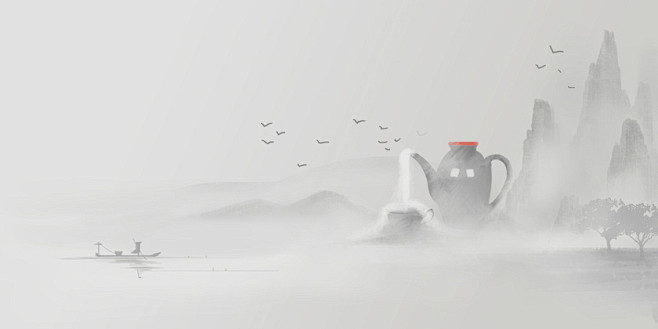 中国风水墨山水茶道陶瓷背景插画海报背景素...