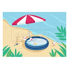 简约夏日扁平风海滩沙滩鸽子排球泳池度假旅行插画矢量图设计素材-淘宝网