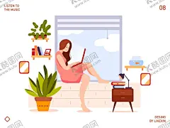 插画窗台上办公人物 【酷图网】插画人物,卡通窗台办公,办公的人,家居办公,办公女孩,手绘办公女孩