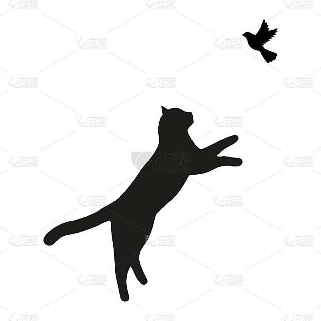 一张黑猫在白色背景上捉鸟的插图