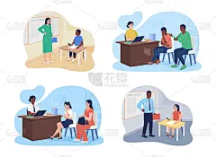 处理智能手机与教室二维矢量孤立插图集