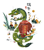 端午节年轻男女中国龙划龙舟屈原雄黄酒插画 - 创意作案