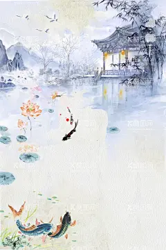 水墨山水锦鲤  - 源文件下载【酷图网】山水,亭子,锦鲤,水墨,素材,设计,背景,中国风
