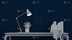 深蓝色背景的工作场所-商业艺术品或办公空间的室内设计- 3D渲染