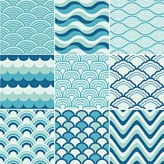 日系日式和风海浪波浪印刷填充图案纹理插画抱枕墙贴纸窗帘平面包装设计背景矢量素材