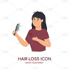 脱发问题图标。女性遭受脱发、秃顶的过程。矢量插图的头发护理洗发水广告