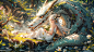 72100984-803198100-1girl,long hair,flower,dragon,dress,white dress,sitting,white hair,water,holding,holding flower,outdoors,solo,sleeveless,horns,b