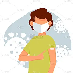 孩子用手指指着接种过疫苗的手。健康的概念，疫苗的传播，医疗保健，抗击冠状病毒的号召。彩色矢量插图在平