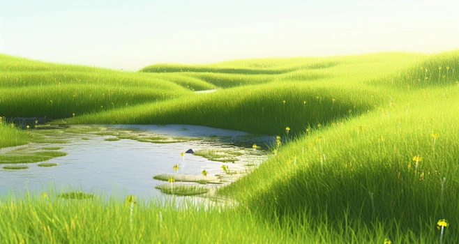 a field with grass and a water body, in the style of octane render ...