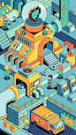 This may contain: an illustration of a factory with machinery and people working on the assembly line in it