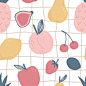 Fruit seamless pattern in cute childish style. pear, lemon, peach, cherry, strawberry, plum, apple, pineapple, fig. tropical food. perfect for printing fabric, menu card or nursery design.