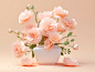 Pink flowers in a white vase on a light pink background, in the style of mike campau, realistic yet stylized, packed with hidden details, light orange and beige, rtx on, fragmented advertising, soft, romantic scenes