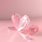 Light pink background, clean background, heart shaped crystal transparent body, crystal body with angles, crystal is smooth, 3D, ar 16:9