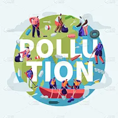 污染，循环利用，生态概念。人们从行星上清除垃圾，用铲子清理地球表面。拯救星球， 环境海报， 横幅， 