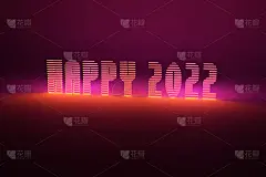 霓虹灯夜光发光字在复古80年代90年代风格，快乐2022,3d渲染3d插图，新年概念