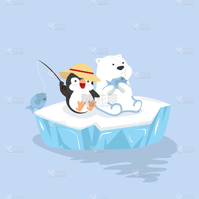 卡通快乐的北极熊和企鹅坐在浮冰上