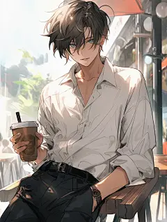 街角的咖啡店 | 动漫男生头像壁纸插画素材
