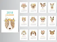 2018可爱卡通时尚创意手绘狗年日历台历背景模板设计矢量图片素材-淘宝网