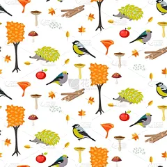 可爱的,鸟类,森林,卡通,四方连续纹样,季节,木制,式样,自然,复古