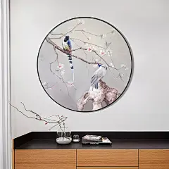 新中式手绘油画玄关装饰画圆形办公室抽象画花鸟挂画书房卧室壁画-tmall.com天猫