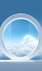 a round window with a large sky and clouds, in the style of futuristic spacecraft design, light sky-blue and light white, anime aesthetic, ricoh r1, streamlined design, glass as material, anti-clutter, minimalist designs