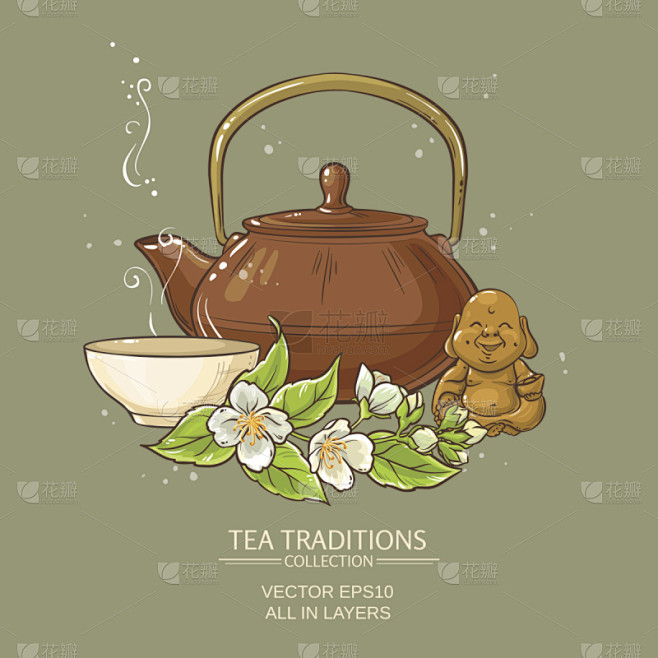 绘画插图,茉莉茶,矢量,热,绿茶,一个物...