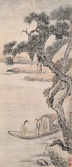【清代经典人物国画欣赏】-3 费丹旭《小红低唱我吹箫 》立轴——这样的画面在中国画里似乎不多见，网络让我看到很多图书馆看不到的东西。