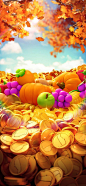 其中可能包括：an animated fall scene with pumpkins, apples and coins