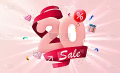 打20%。折扣创造性的成分。3d销售标志与装饰对象，心形气球和礼盒。销售横幅和海报。