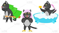 集抽象收集平面卡通不同的动物猫小猫宠物携带一棵倒下的树，在浴缸中清洗，与粉红色的头发在高跟鞋向量设计
