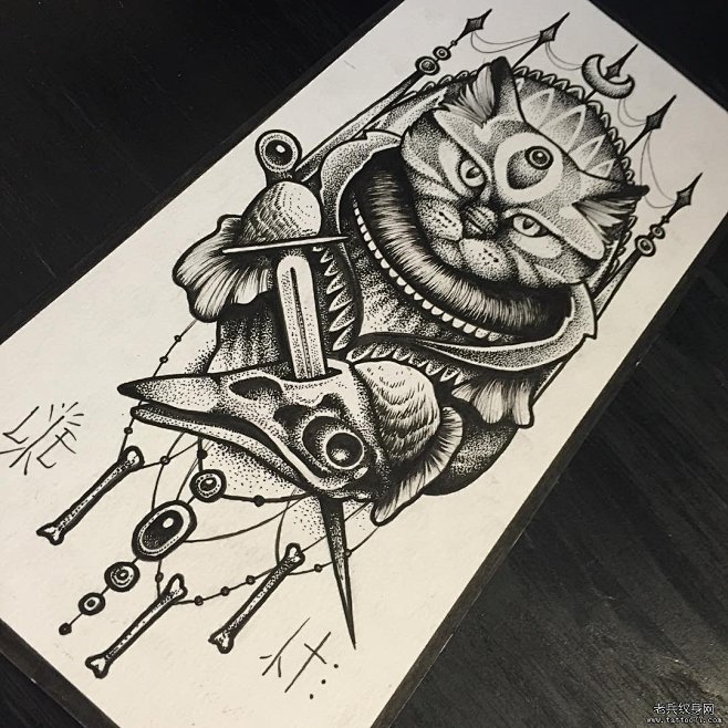 欧美猫点刺纹身图案手稿