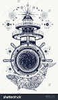 Lighthouse and floral whale tattoo art. Mystical symbol of adventure, dreams. Lighthouse, steering wheel and Whale t-shirt design. Travel, adventure, outdoors symbol, marine tattoo