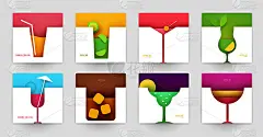 一套抽象剪影鸡尾酒与酒精或果汁在极简几何平面风格。创意多彩的组成。品牌概念菜单，封面，传单，横幅。矢