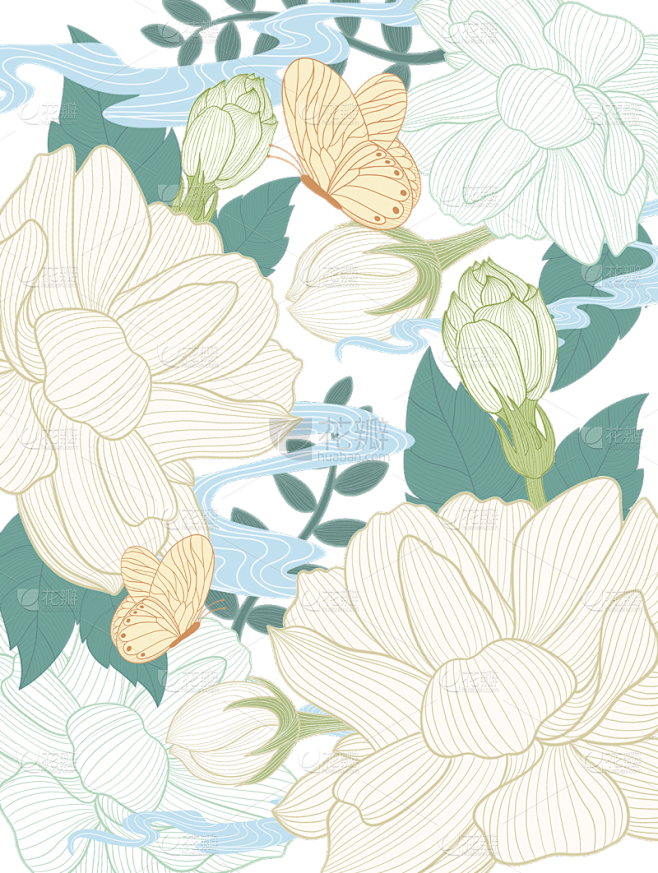 植物通用插画无缝茉莉花朵组合元素素材